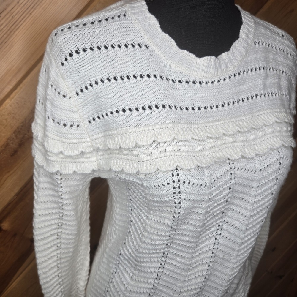 J Crew Womens Crew Neck Scalloped Pointelle Sweater Sz S Ivory Wool Blend - Picture 4 of 9